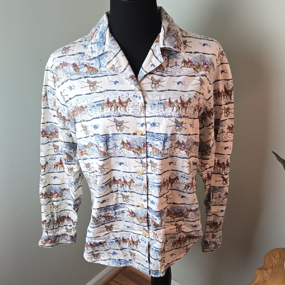 Vintage Jockey Horse Print Button Down Blouse
